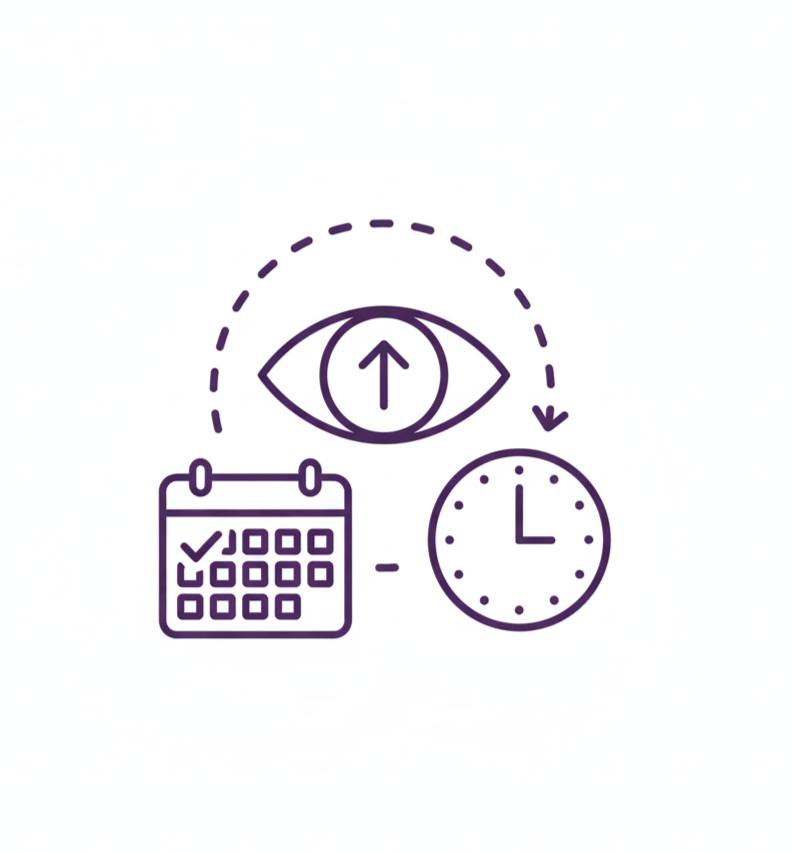 Icon representing Iconic line drawing of an eye, calendar with checkmarks, and a clock, with arrows indicating the concepts of tracking or monitoring over time.