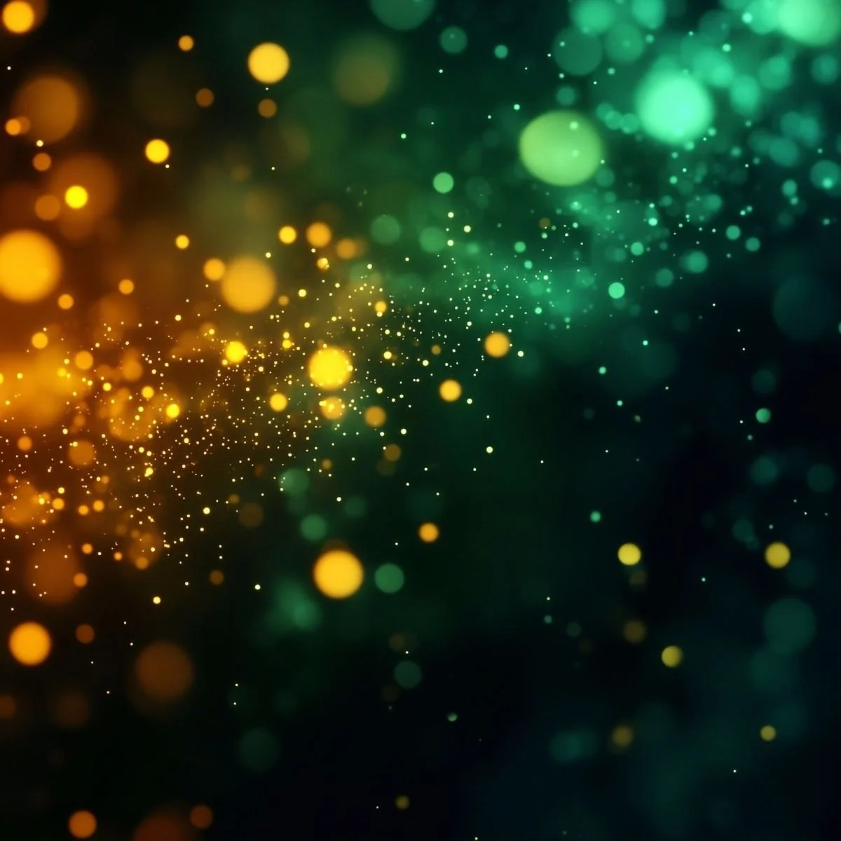 Abstract image of glowing bokeh lights in yellow, orange, and green hues against a dark background.