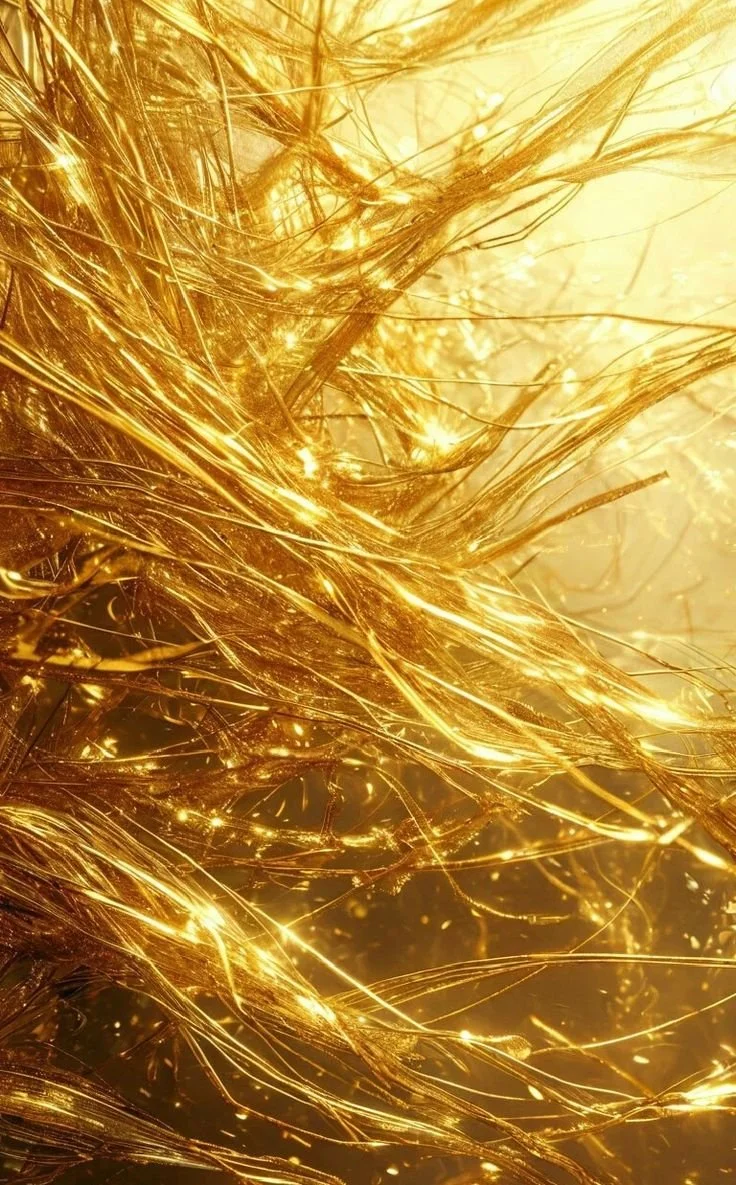 Close-up of shiny, thin, golden tinsel strands.