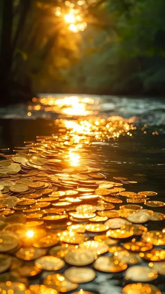 Sunlight reflecting off the water with gold coins floating on the surface, in a natural outdoor setting.