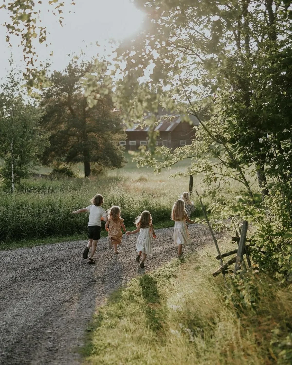 Children running on a gravel path through a green, sunny countryside landscape with trees and a barn in the background.