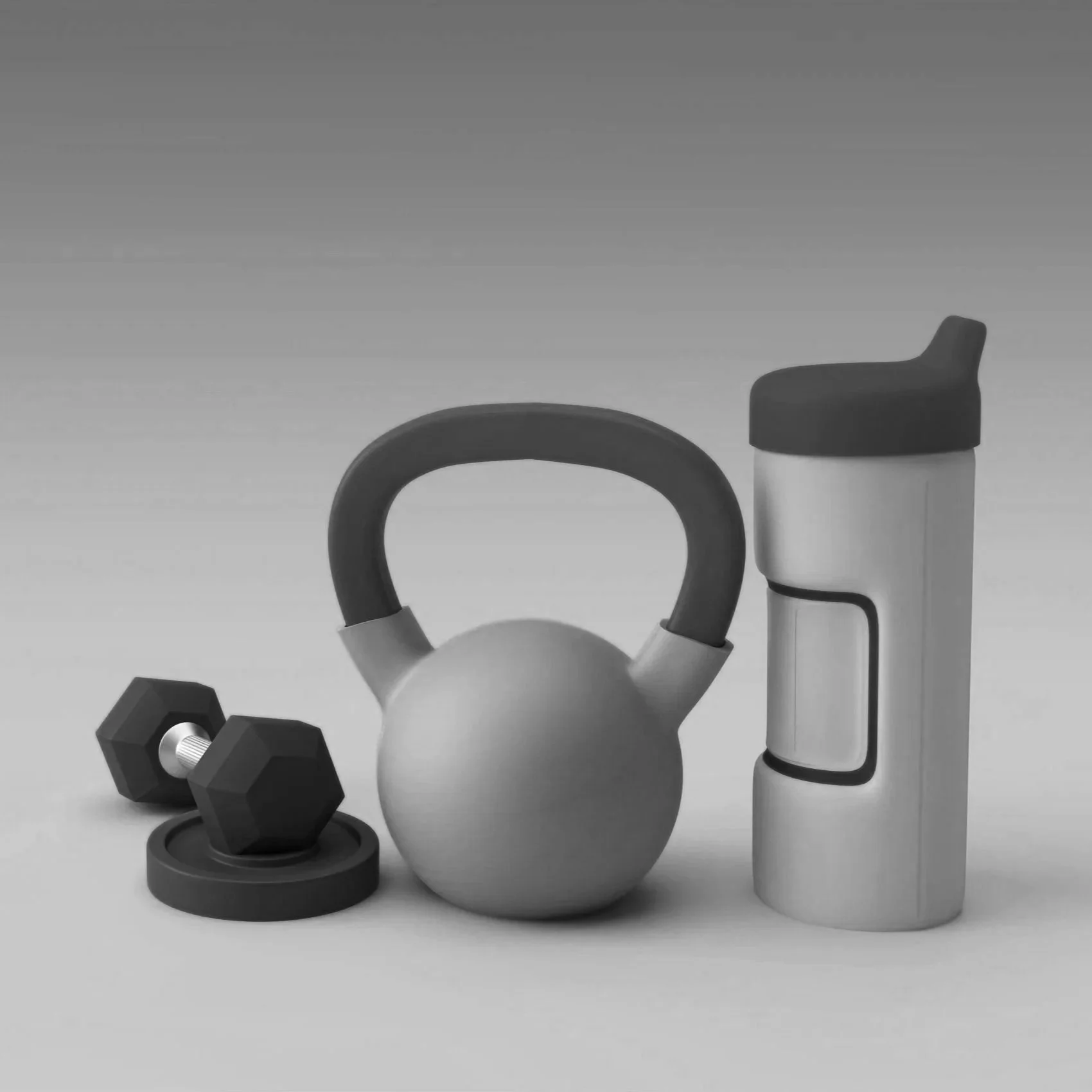 Gewichtsscheibe, kleine Kurzhantel, Kettlebell und eine Trinkflasche vor grauem Hintergrund