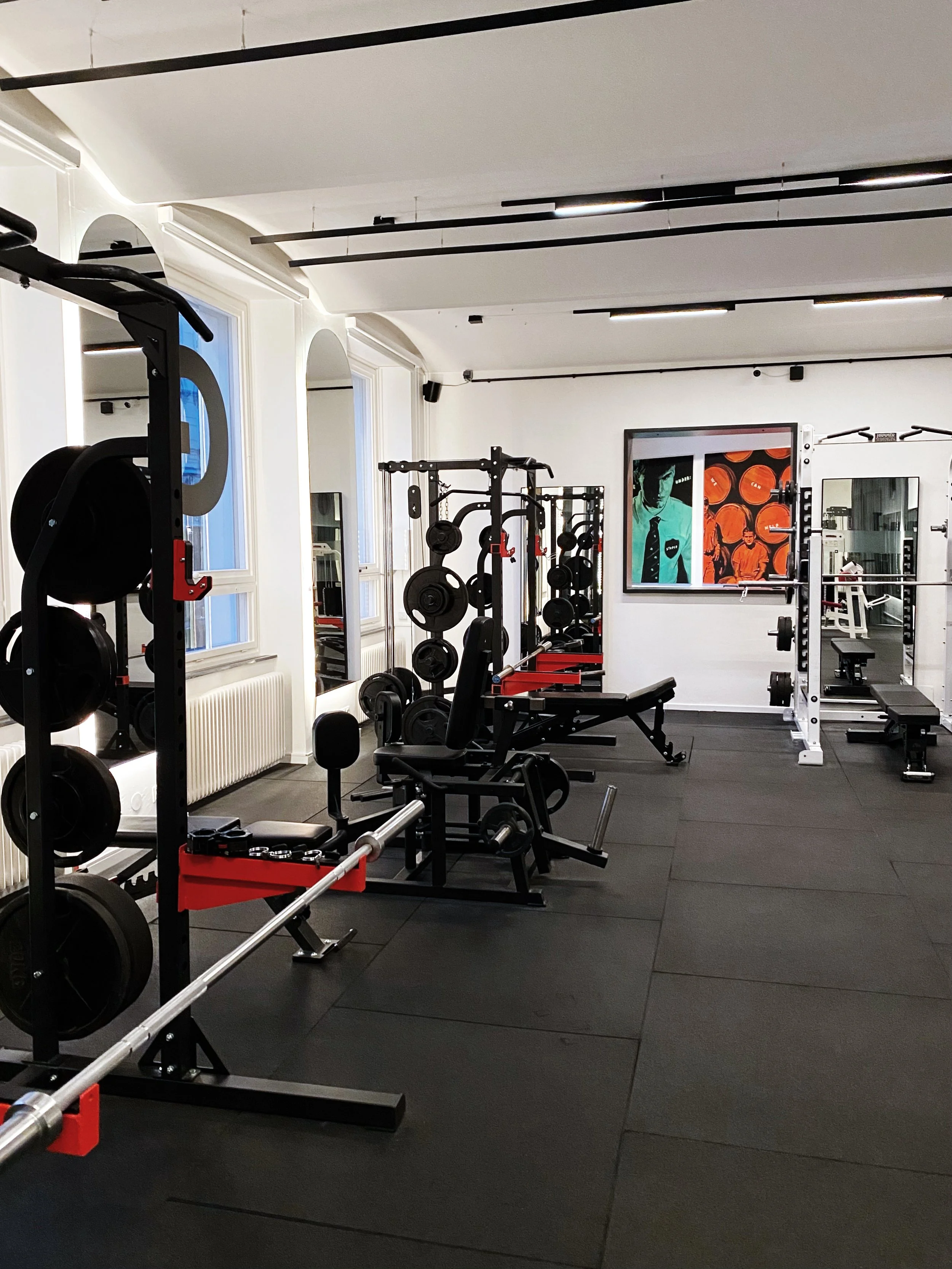 Innenaufnahme eines Fitnessstudios mit Multistationen für Langhanteln