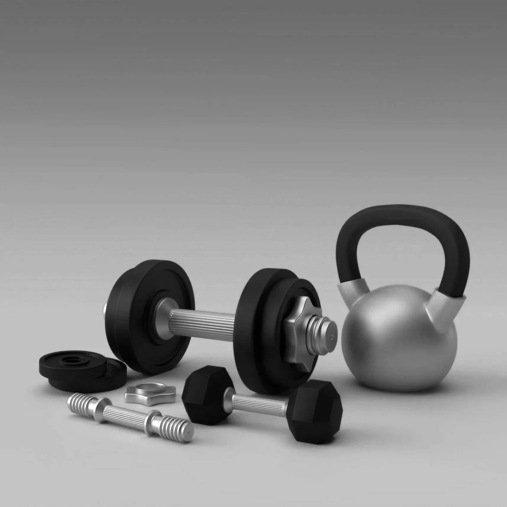 Kleine Gewichtsscheiben, Kurzhanteln in diversen Größen und Kettlebell vor grauem Hintergrund
