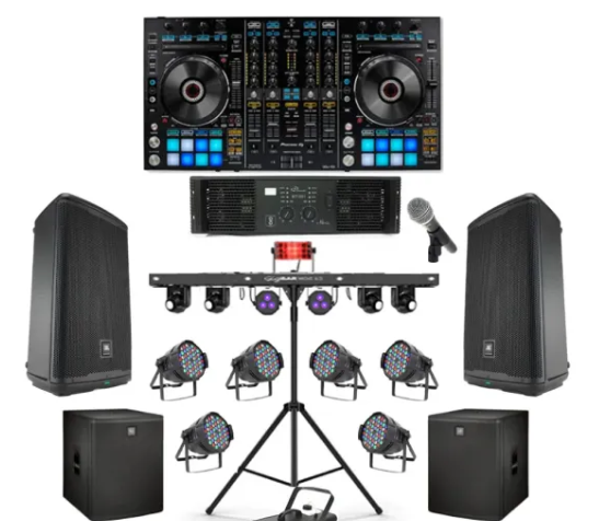 DJ equipment setup including a DJ controller, a sound mixer, two large speakers, stage lighting, a microphone, and other audio gear.