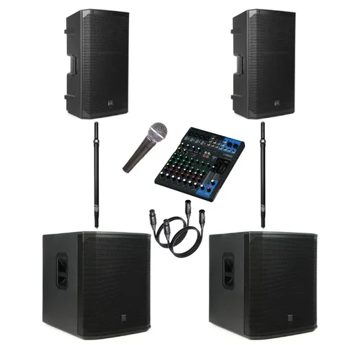 Audio equipment setup with two large speakers on stands, a microphone, a mixer with multiple controls, and two additional speakers.