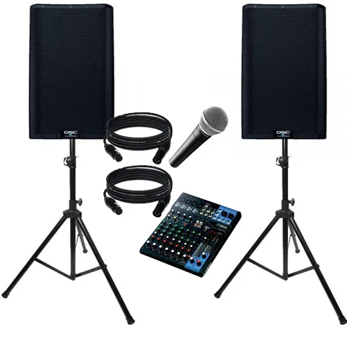 Audio equipment including two black speakers on stands, two coiled cables, a microphone, and a small audio mixer.