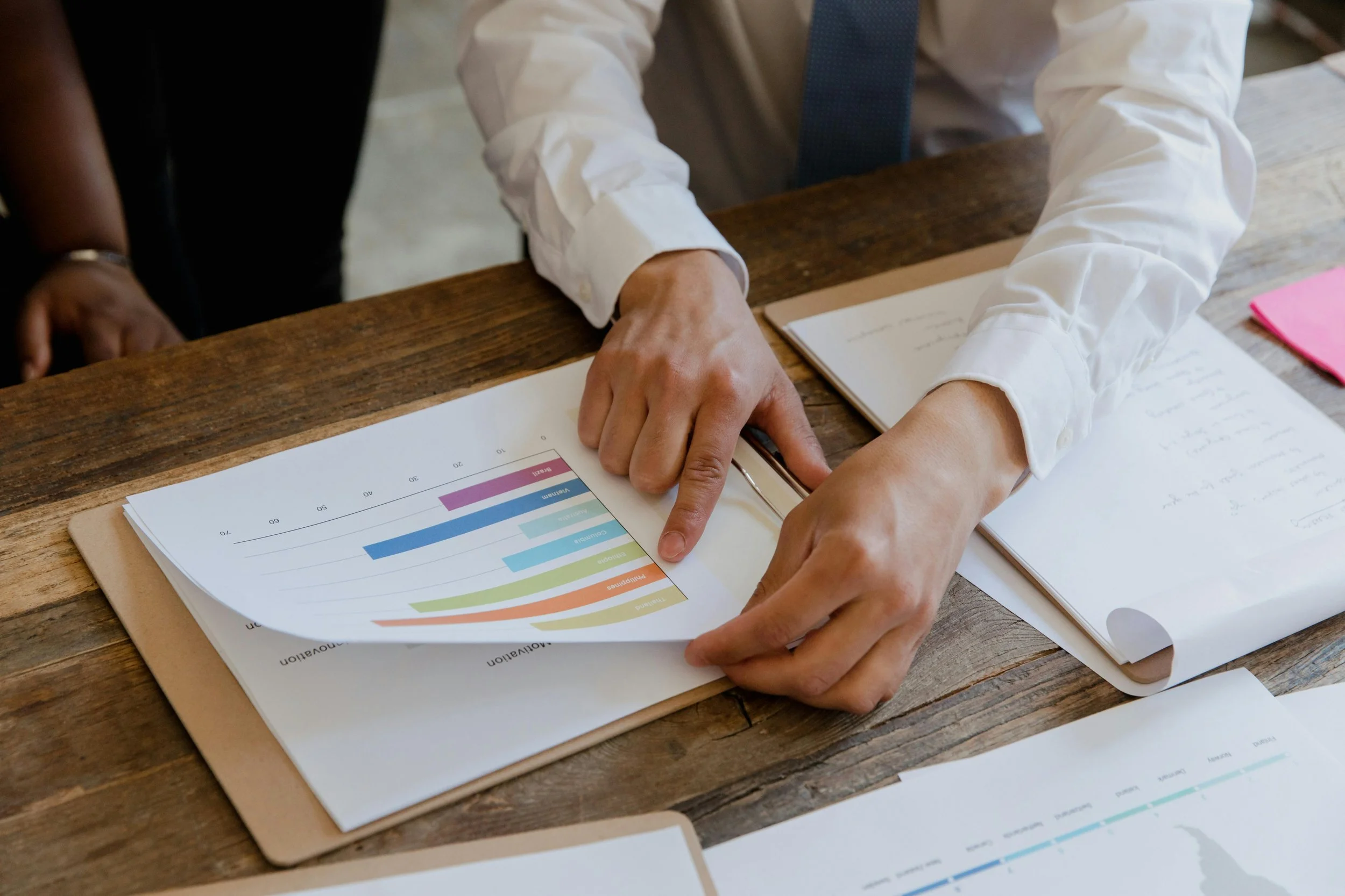 Person in a white shirt pointing at a colorful bar graph on a sheet of paper, with notebooks and other papers on a wooden table.