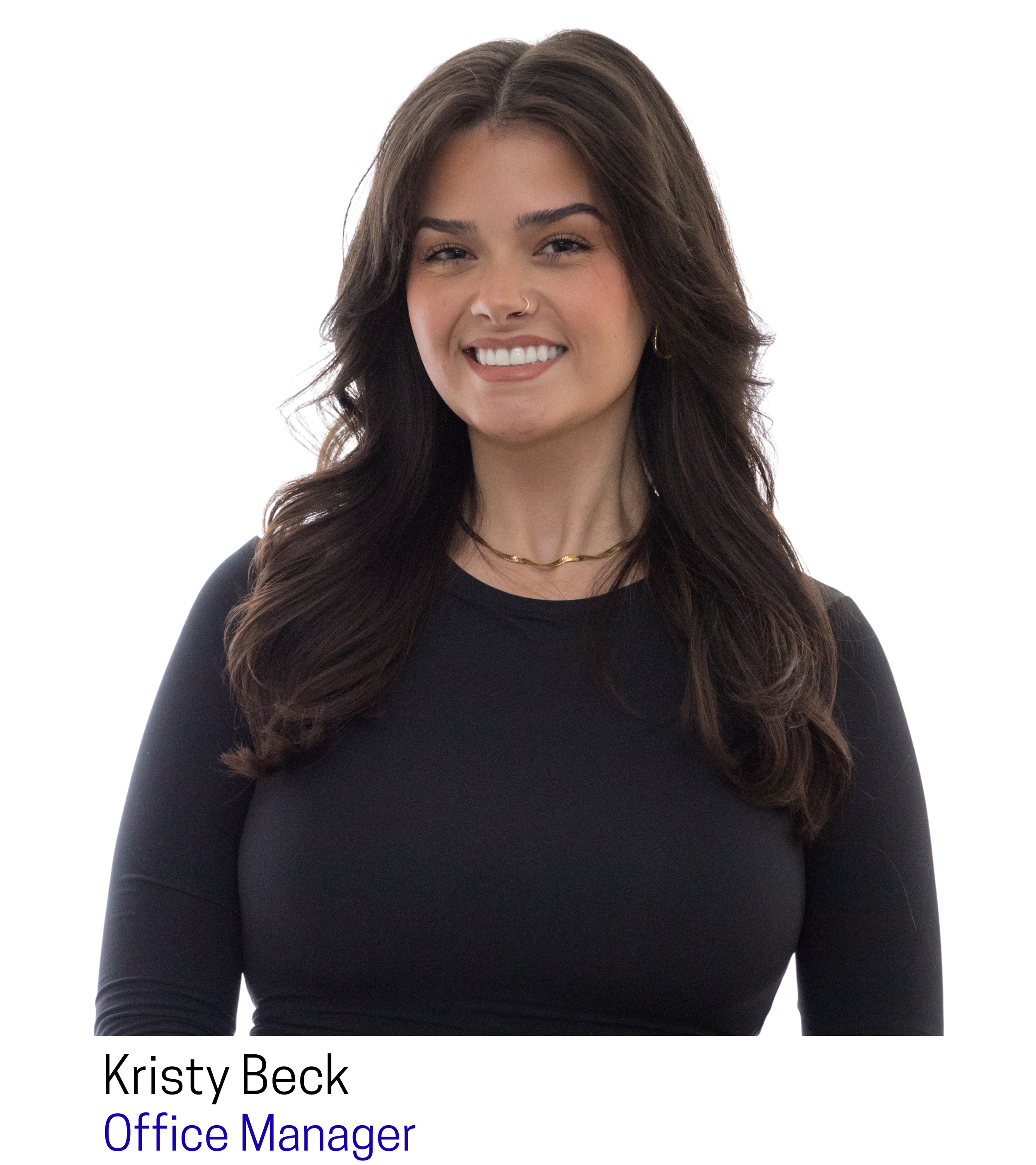 Photo of Kristy Beck smiling, wearing a black top, with brown hair, gold jewelry, and a white background.