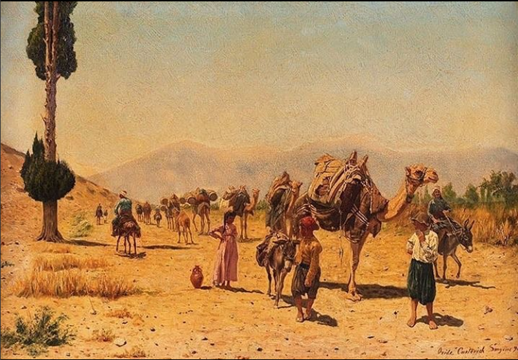 Çölde, deve ve at sırtında yük taşıyan insanların bulunduğu sahne. Arka planda dağlar ve birkaç ağaç var.
