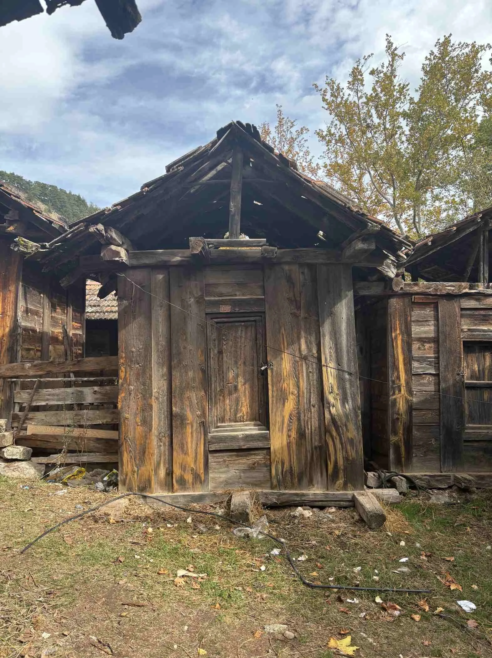 Eski, ahşap bir evin çatı ve kapı detayları, dış kısmında bazı kırıklar ve hasarlar görülüyor, zeminde yapraklar ve kablolar var, arka planda ağaçlar ve gökyüzü gözüküyor.