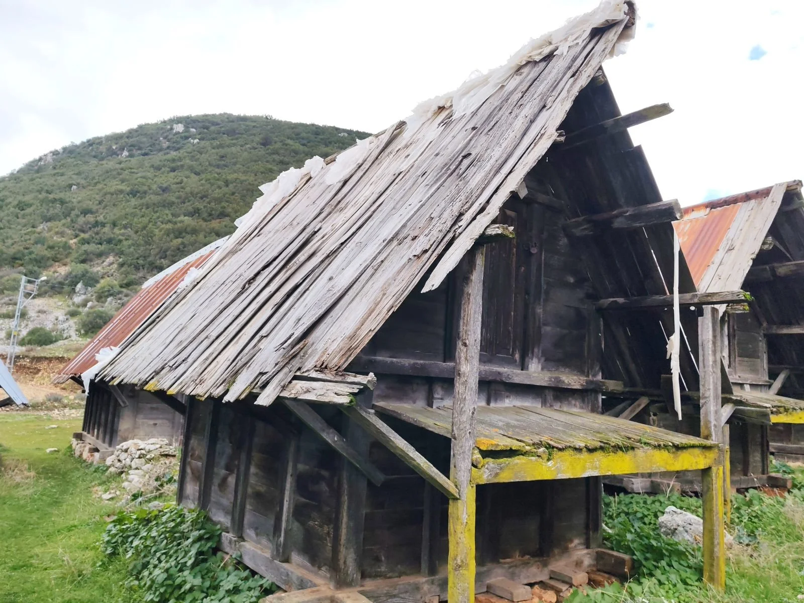 Eski ve bakımsız ahşap kulübe, çatısı kısmen çökmüş, çevresinde yeşillikler ve dağlar bulunmaktadır.