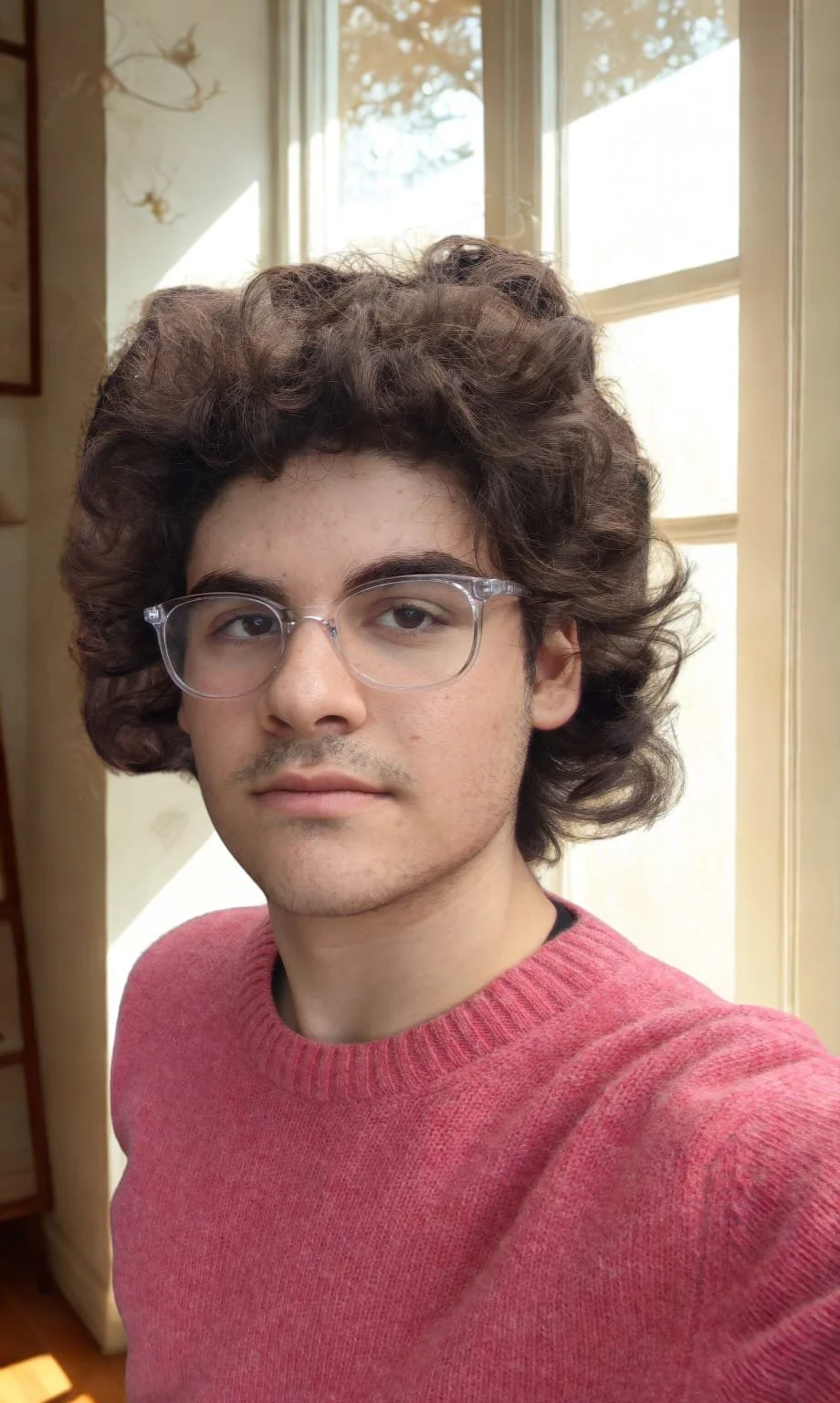 Üzerinde kırmızı kazak giymiş genç adam, iç mekanda, doğal ışık alan bir odada. Arka planda büyük pencereden dışarısı görünmekte.