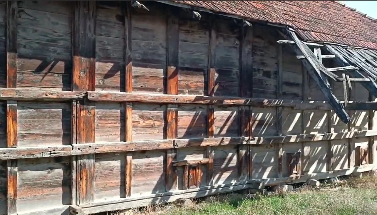 Ahşap eski ve hasar görmüş kulübe veya depo yapısı, çatısı kısmen yıkılmış ve gölgeler içeriye düşüyor.