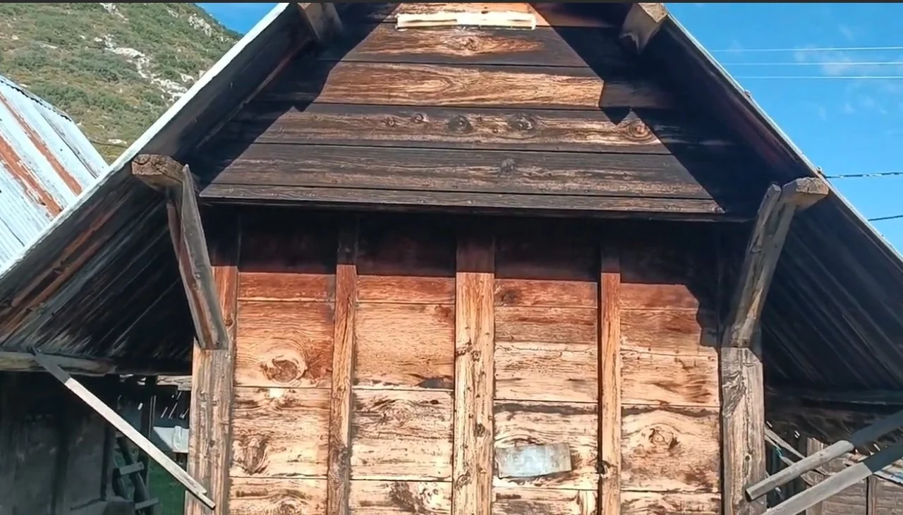 Ahşap çatılı ve duvarlı eski kulübe veya samana ait yapı.