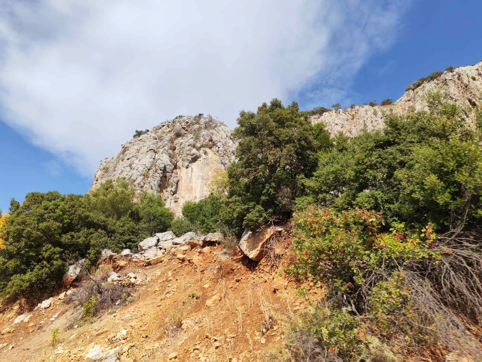 Kayalık ve ağaçlarla çevrili dağlık alan, mavi gökyüzü ve az bulutlu hava.