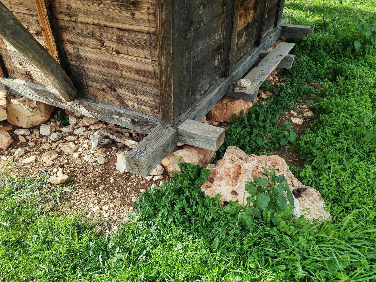 Ahşap kulübe yükseltilmiş temel üzerinde, çevresi yeşil bitki ve taşlarla çevrilmiş. Kulübenin dış duvarları ve zemin kısmı ahşap ve taşlarla yapılmış.