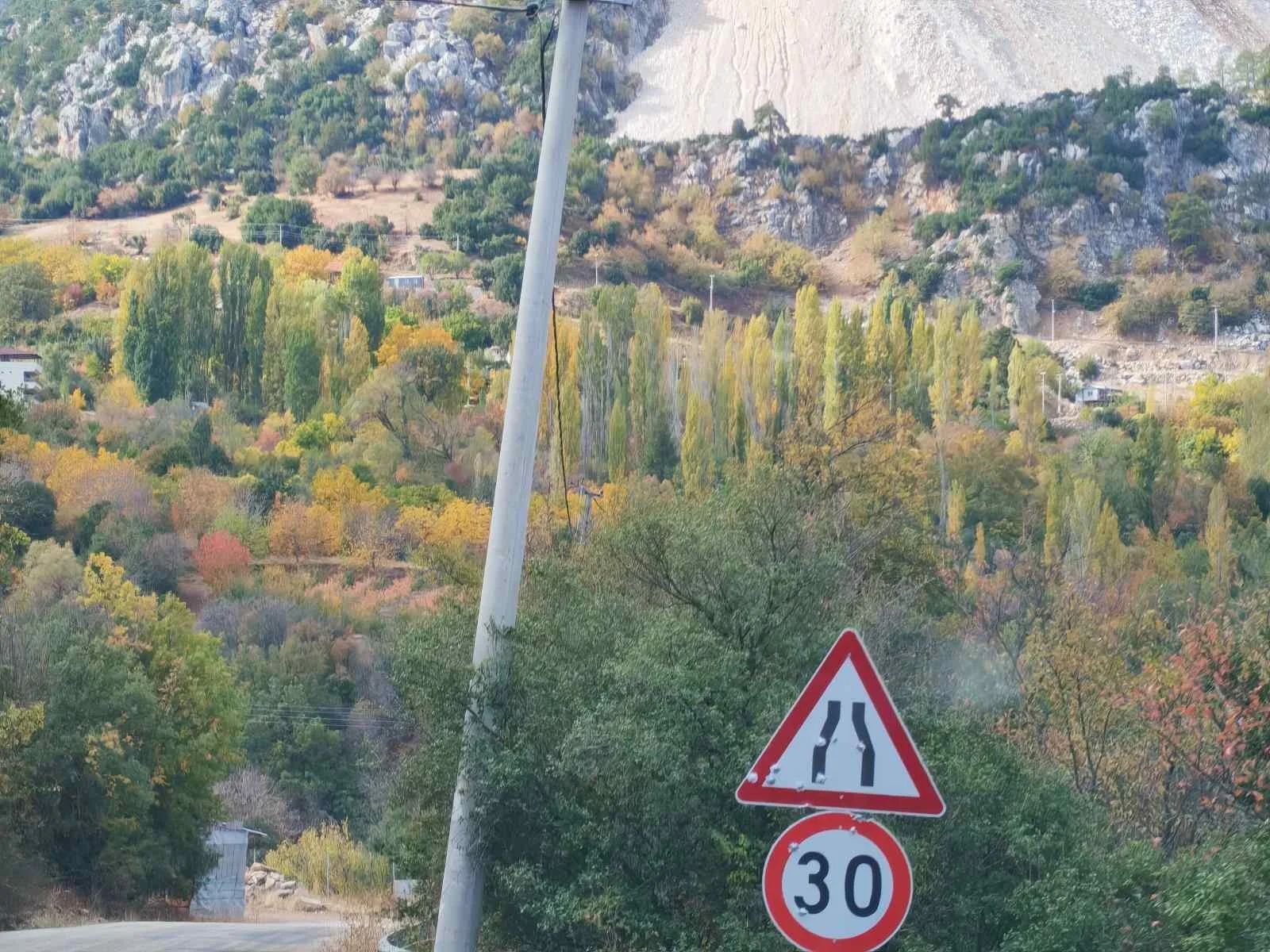 İki trafik işareti, biri yol daralması uyarısı, diğeri hız sınırı 30 km/sa. Arka planda mevsimlik değişen renklerde ağaçlar ve dağlar görüyor.