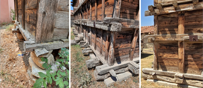 Ahşap evlerin temel ve duvar yapısı detayları, ahşap ve taş malzemelerle inşa edilmiş, geleneksel yapı teknikleriyle yapılmış evler.