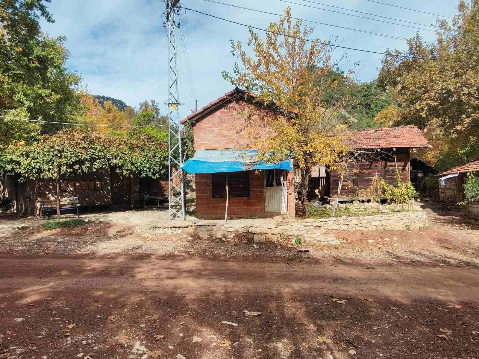 Bir kır evi, bahçe ve ağaçlar. Kırmızı tuğla ve ahşap yapı, gökyüzü ve elektrik direği görüntüsü.