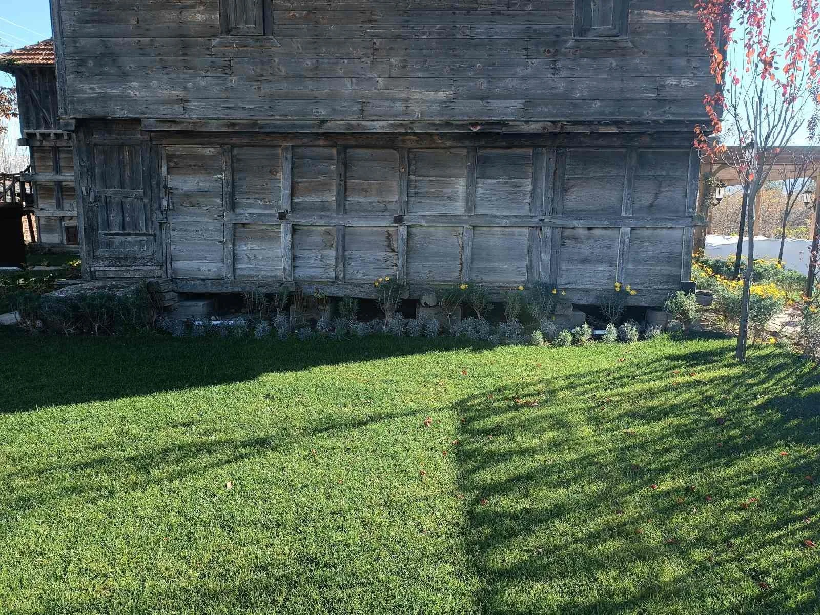 Ahşap bir kulübe veya ev, yeşil çim alan ve ağaçlar ile çevrili, güneşli bir bahçe.