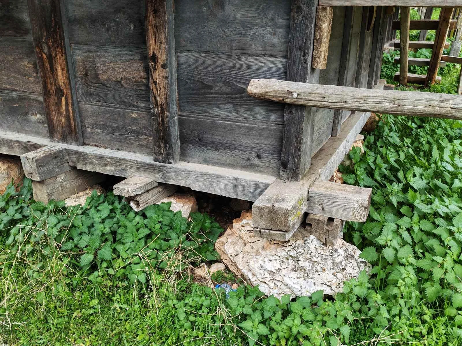 Ahşap bir yapıya ait ayak ve zemin bölgesindeki ahşap söveler, taş ve yeşil bitki örtüsüyle çevrili.