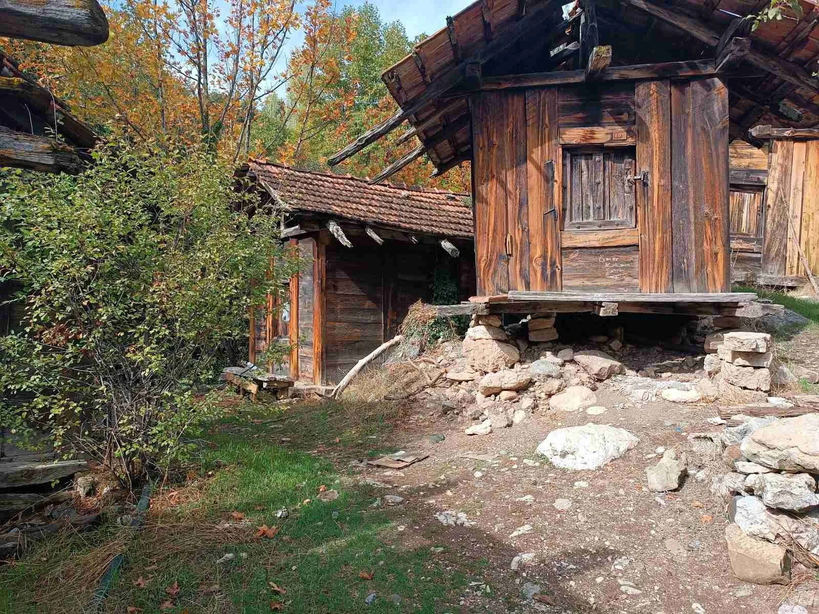 Ahşap geleneksel kulübeler, ağaçların ve sonbahar yapraklarının bulunduğu doğal ortam.