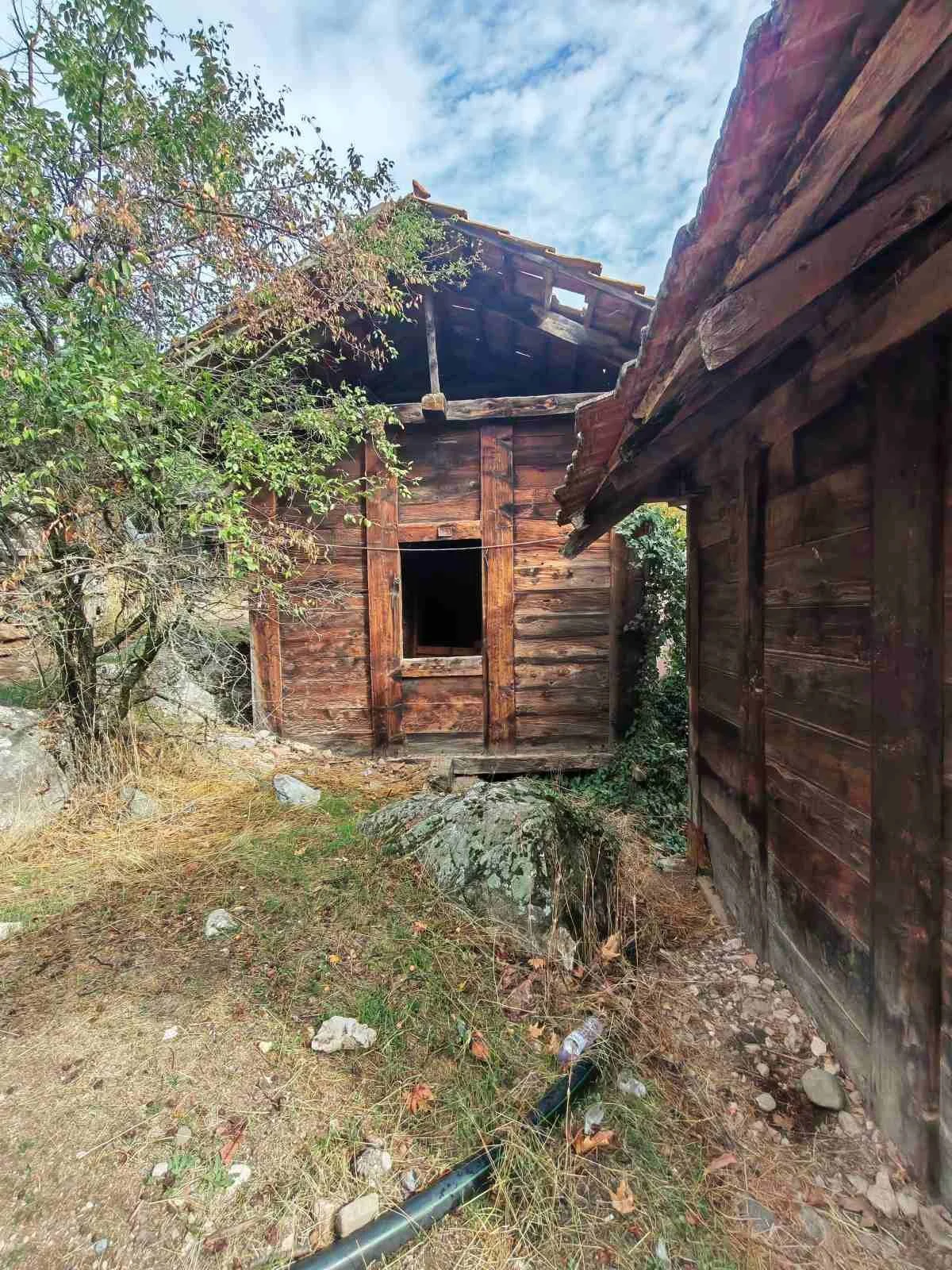 Eski, ahşap bir ev, dış bölümü görünüm. Evin penceresi yok ve çatısı hasar görmüş. Etrafında ağaçlar ve otlar var, yerde taşlar ve bir plastik şişe bulunuyor.