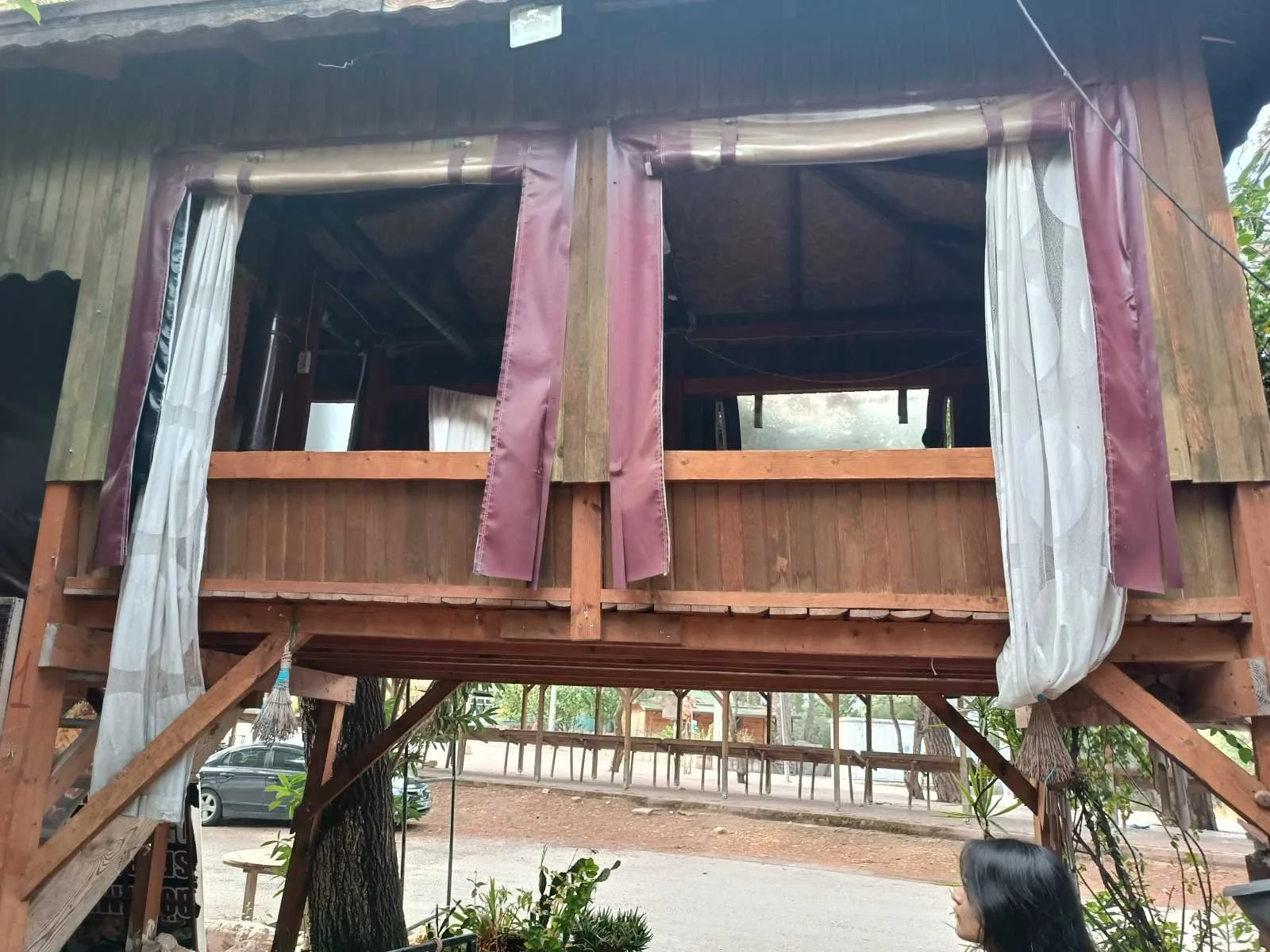 Ağaç üzerinde inşa edilmiş ahşap ev, açık pencereleri var ve bazı perdeler asılmış. Bir ağaç gölgesinde, arka planda yol ve park alanı bulunuyor. Bir kişi ise sağ altta oturuyor.