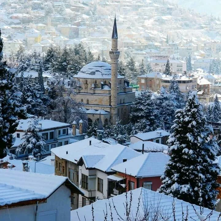 Karla kaplı, karla örtülü evlerin ve bir caminin bulunduğu soğuk, karla kaplı bir kentsel alan.