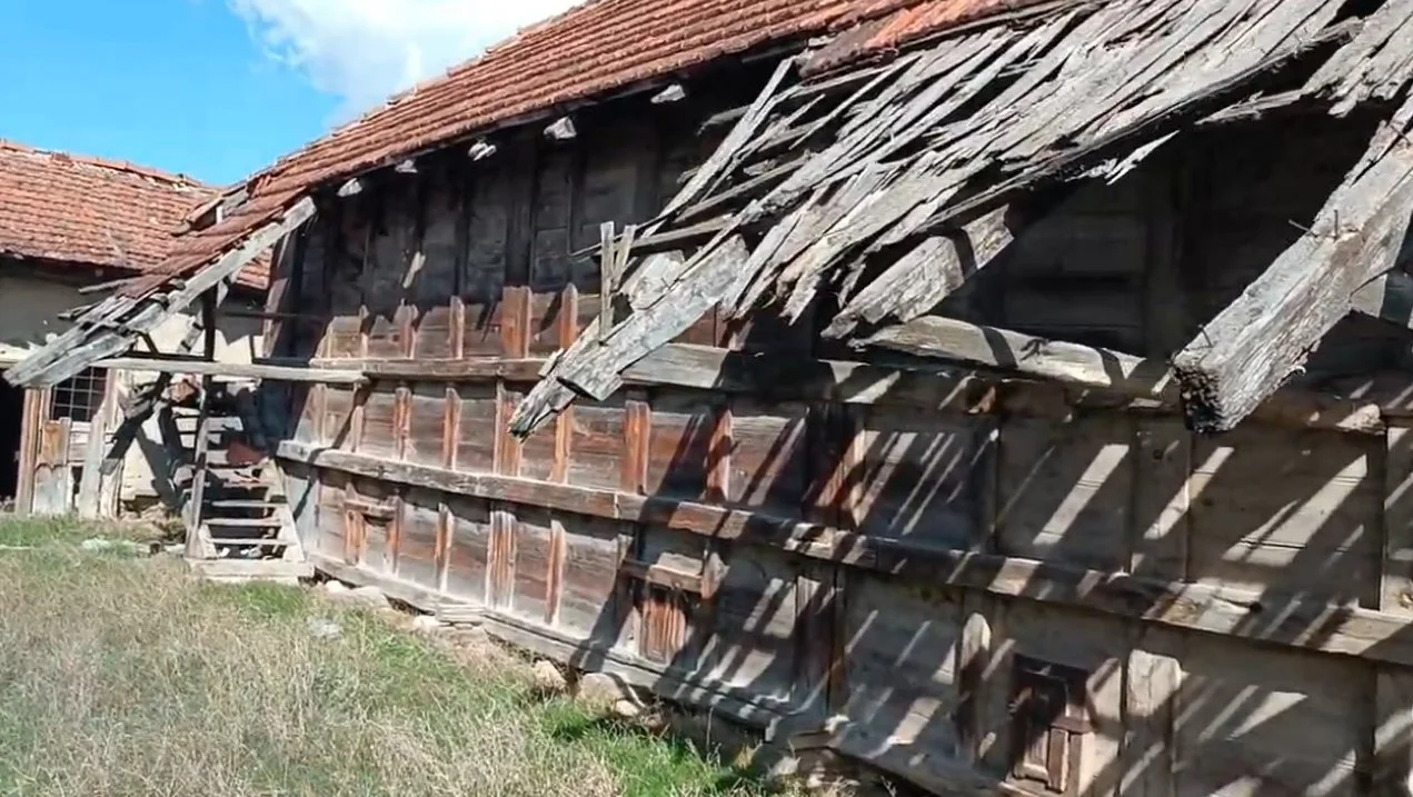 Harabe olmuş, eski ve ahşap bir ev, çatısı ve dış duvarları hasar görmüş, bazı kısımlarda ahşaplar çatlamış ve düşmüş, önünde kuru ve yosunlu çim alan ve mavi gökyüzü.
