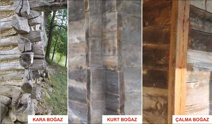 Üç farklı köprü yapımında kullanılan farklı taş ve ahşap malzeme örnekleri, her biri etiketlenmiş: 'Kara Boğaz' (kaya), 'Kurt Boğaz' (kaya), 'Çalma Boğaz' (ahşap).