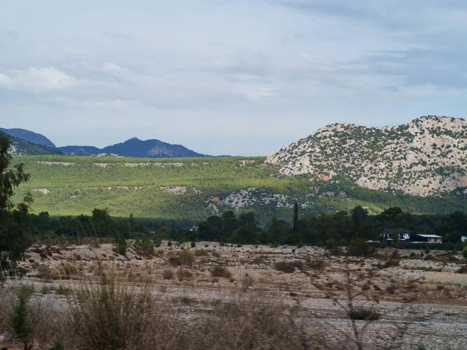 Dağlık bir alanda yeşil ağaçlar ve bitki örtüsüyle kaplı tepeler, sky ve birkaç ev görünmektedir.