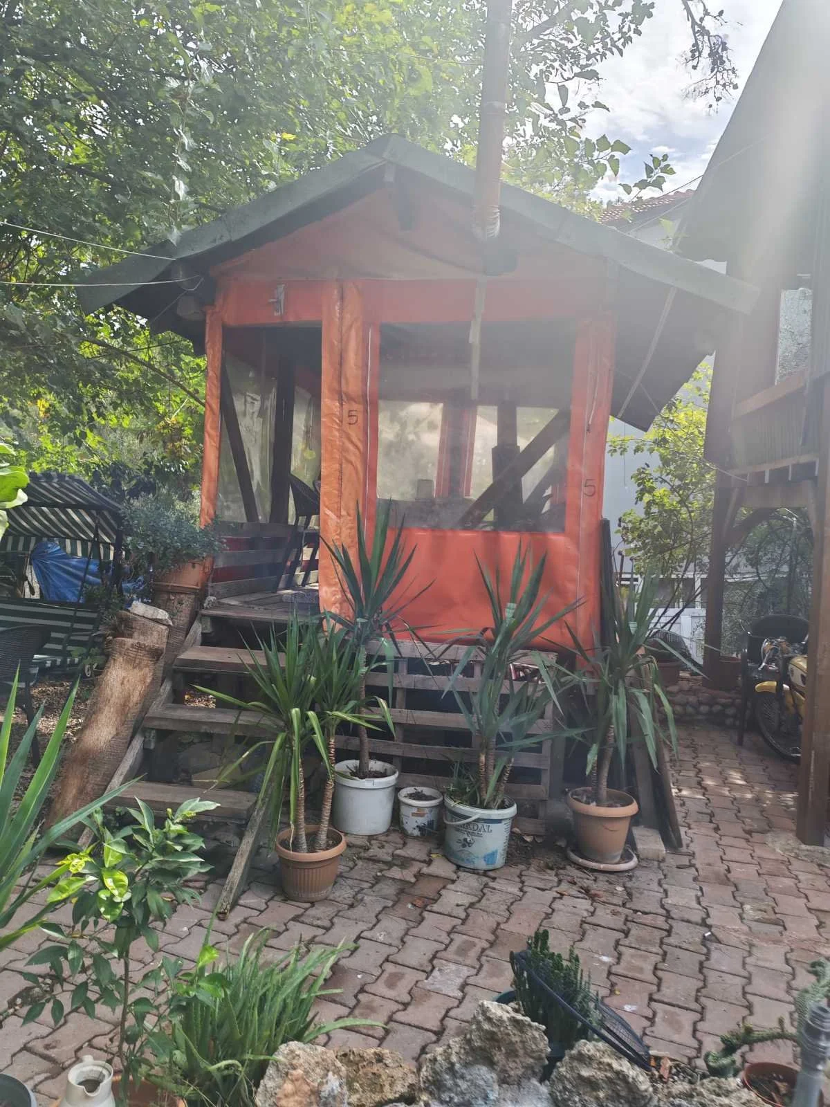 Bahçede ahşap ve plastik malzemeden yapılmış küçük bir kulübe, önünde birkaç saksıda bitkiler ve taş döşeme zemini bulunuyor.