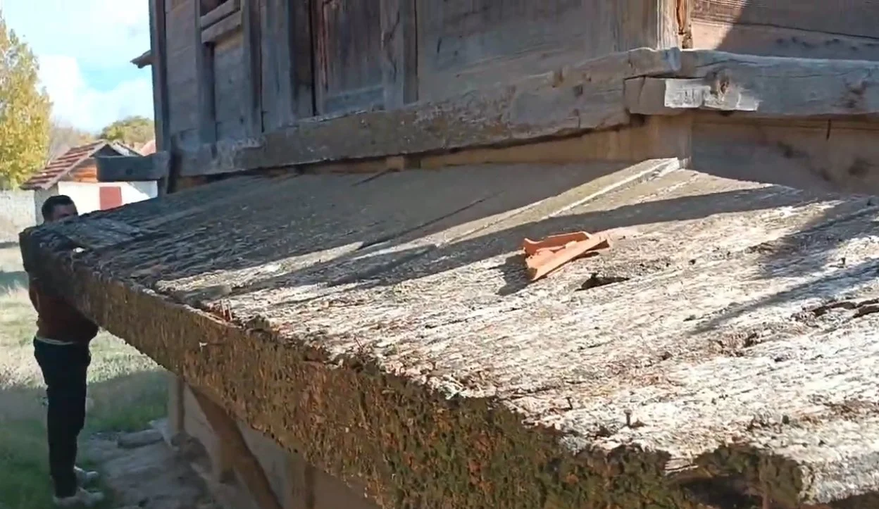 Eski ahşap yapı ve ağaç kütükleri, açık hava, iki kişi, doğa, ev