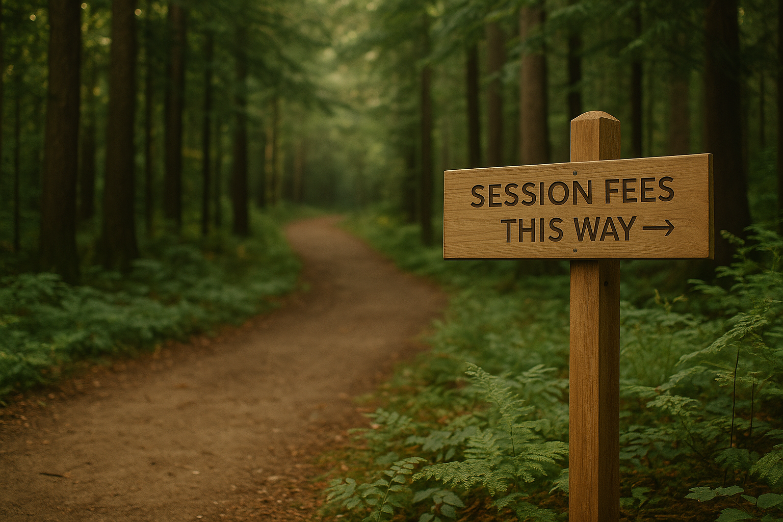 A wooden sign with black lettering reading 'SESSION FEES THIS WAY' with an arrow, situated along a dirt path in a dense green forest.