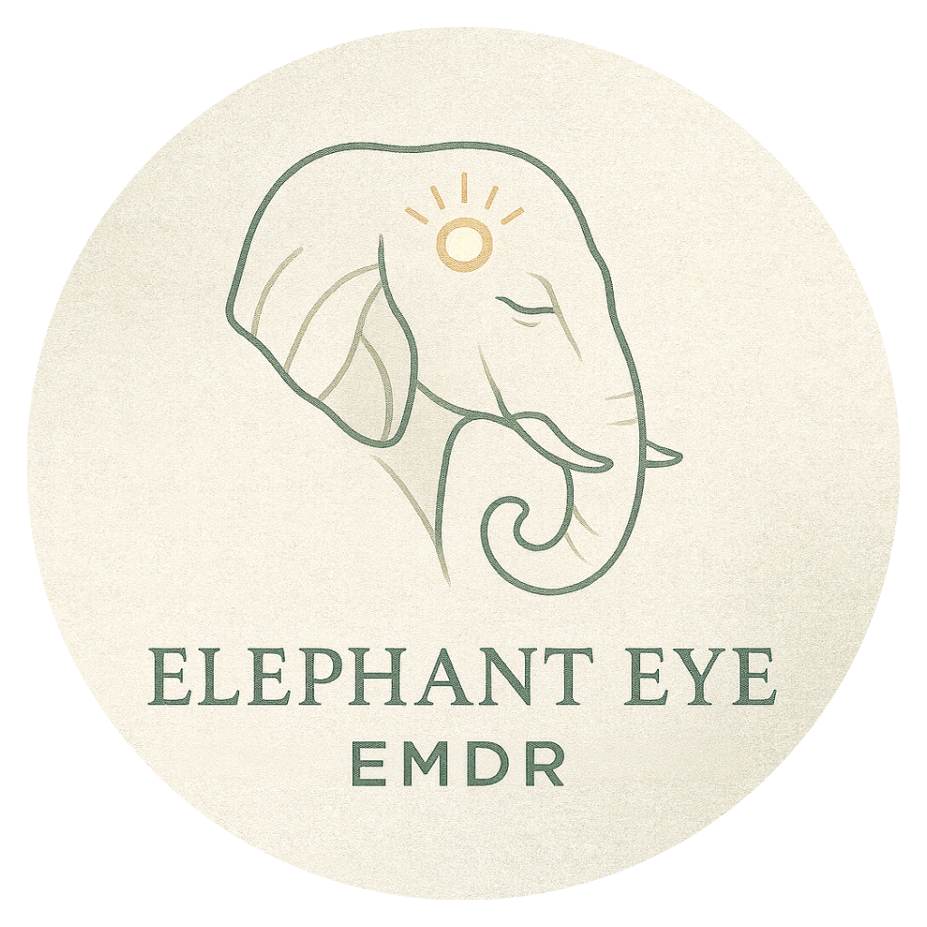 A circular logo featuring a simple line drawing of an elephant's head with a gold halo-like circle above its head, surrounded by the text "ELEPHANT EYE EMDR".