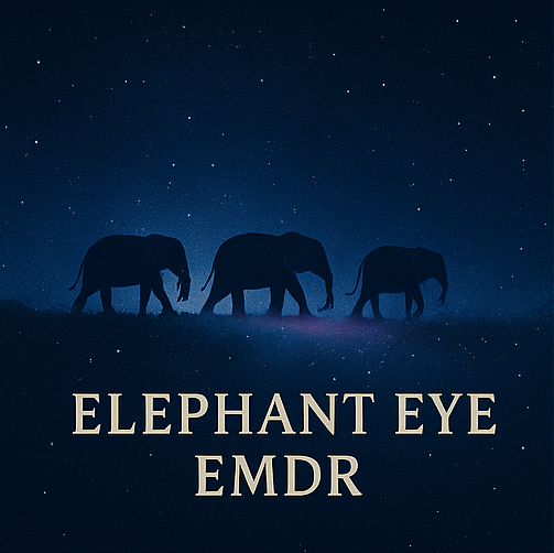 Nighttime scene with three elephant silhouettes walking across a landscape under a starry sky, with the text 'ELEPHANT EYE EMDR'