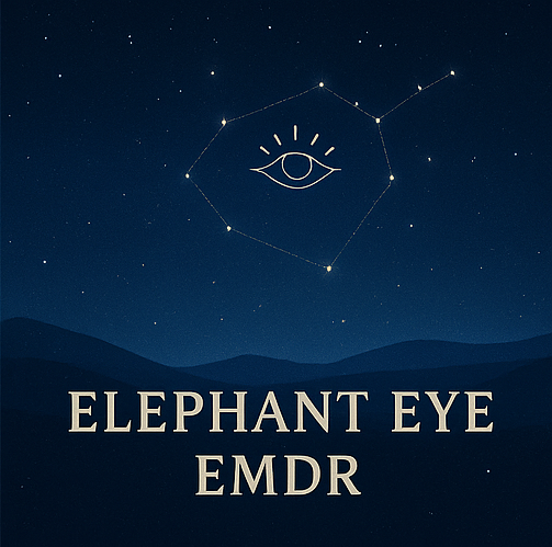 Night sky with constellation outline and eye illustration, and text "Elephant Eye EMDR"