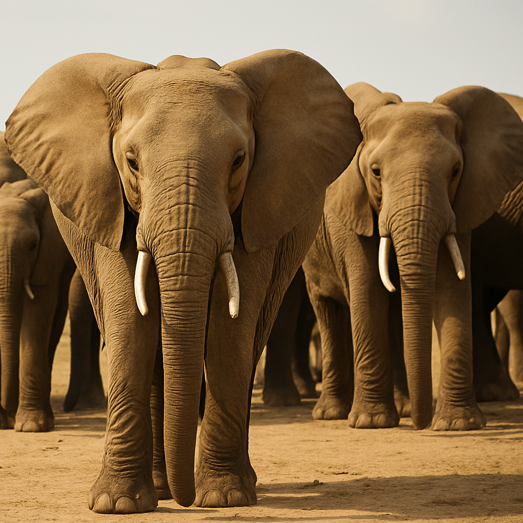 A herd of elephants walking on sandy ground with a clear sky in the background.