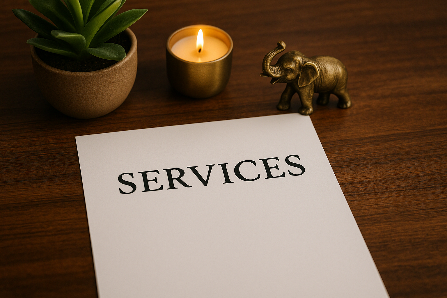 A wooden desk with a potted plant, a lit candle in a gold holder, a small brass elephant figurine, and a sheet of paper labeled 'SERVICES'.