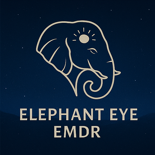 Stylized outline of an elephant with a sun and rays inside its head, under the text 'Elephant Eye EMDR' against a night sky background.