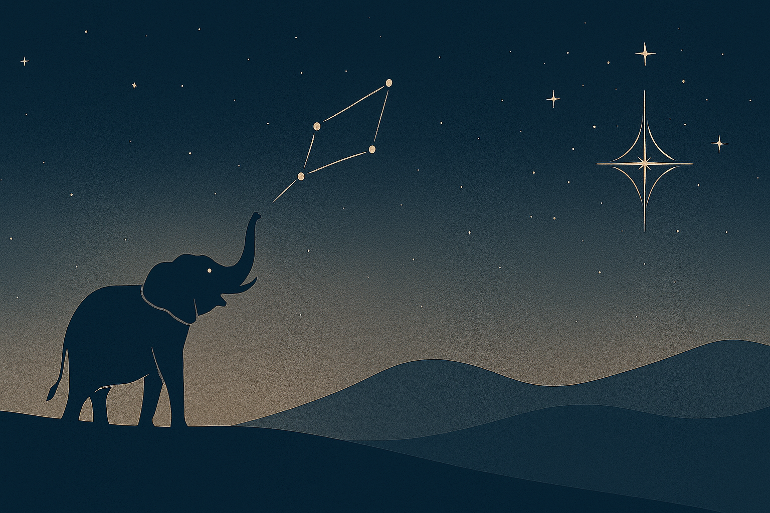 A silhouette of an elephant with its trunk raised, standing on a hill against a starry night sky with mountain silhouettes in the background. A constellation and a stylized star are visible in the sky.