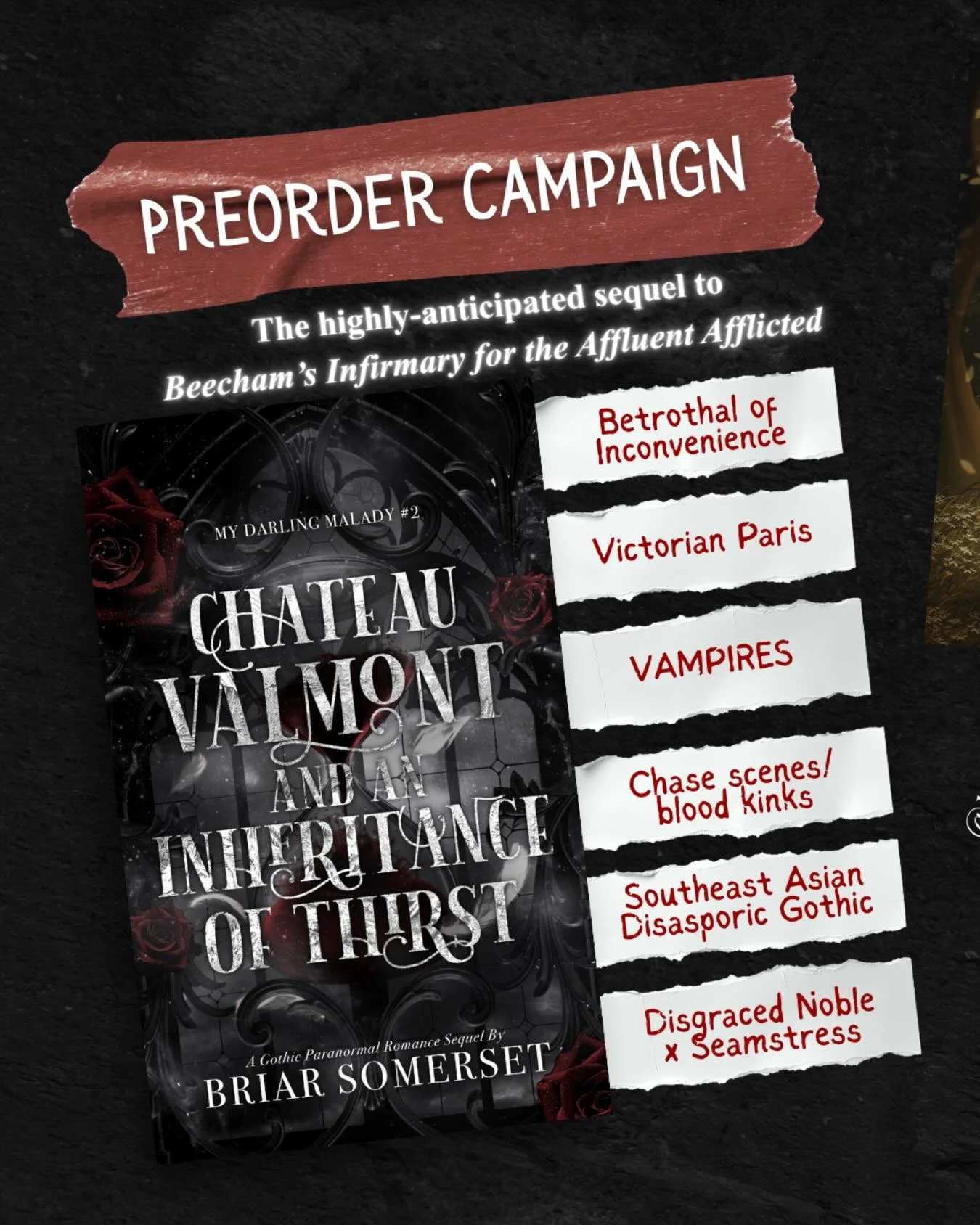Carousel 1/3

The preorder campaign for CHATEAU VALMONT AND AN INHERITANCE OF THIRST is now live!! Officially an audio-forward release, the immersive audiobook will release in August, with the KU and print editions to follow on September 15. (The ARC