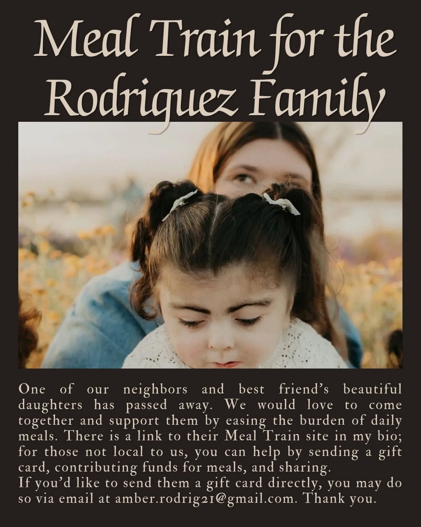 This past week, the unimaginable has happened to our longtime neighbors and family friends, the Rodriguez family.

With their permission, I&rsquo;m sharing their Meal Train 🔗, below and in my bio. Years ago, our family was in a similar place; it&rsq