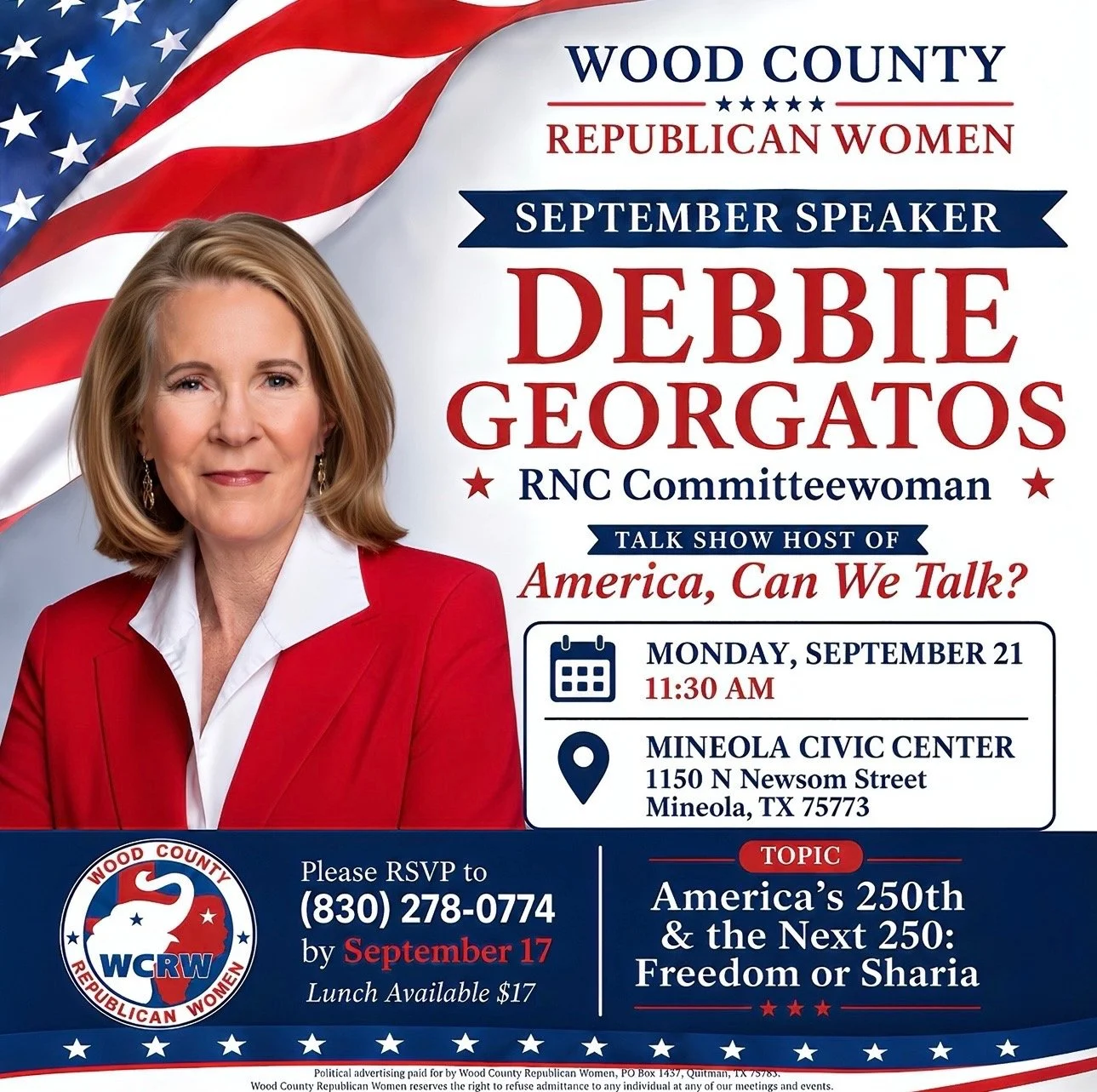 Informative flyer about WCRW meeting on September 17 featuring speaker Debbie Geogatos on the topic on America's 250th & the Next 250:Freedom or Sharia.