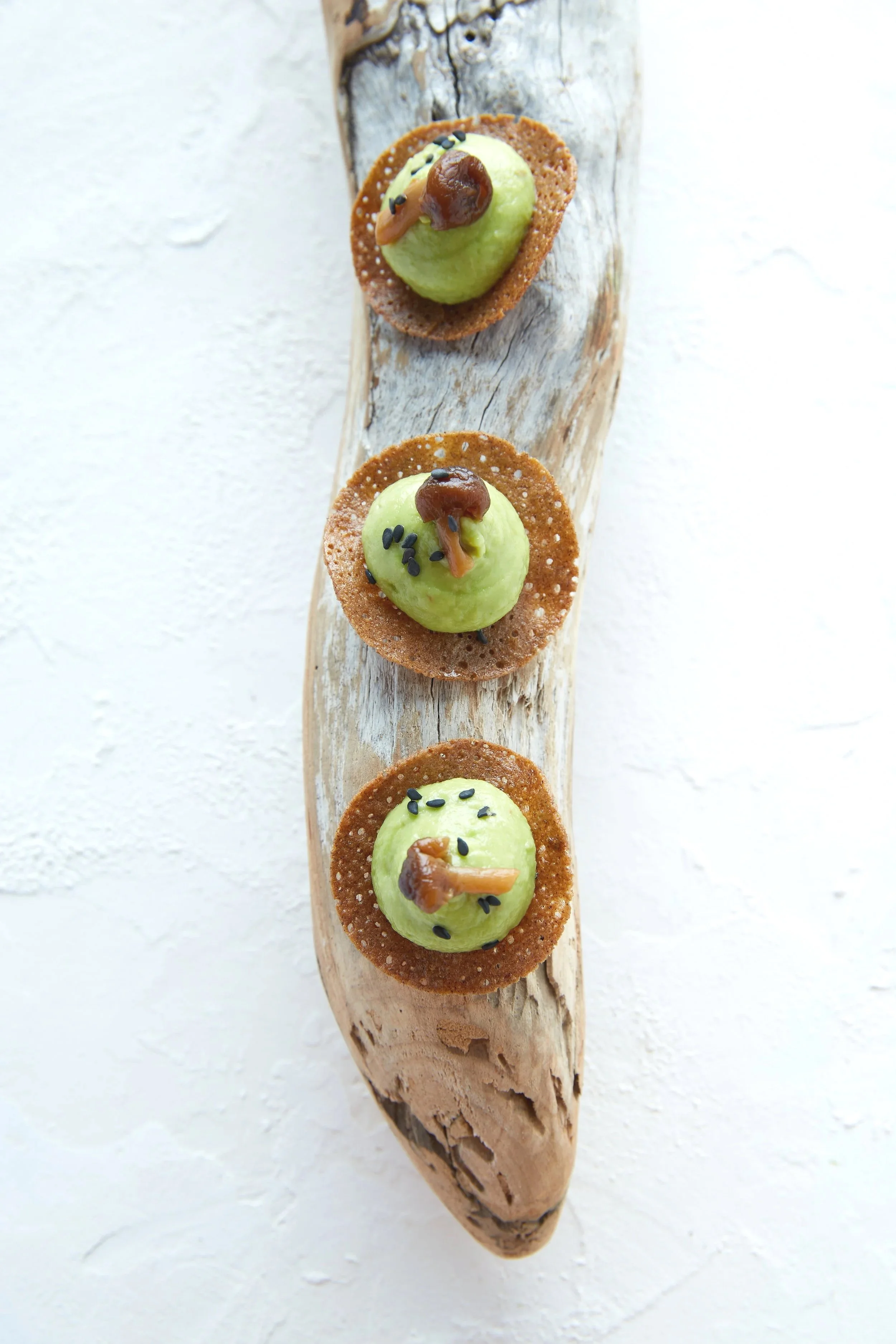 Trois petits amuse-bouches sur des coques de biscuit à la cuillère, garnis de purée d'avocat vert clair, décorés de graines noires et d'un petit champignon en pâte feuilletée, posés sur une branche flottante contre un fond blanc.