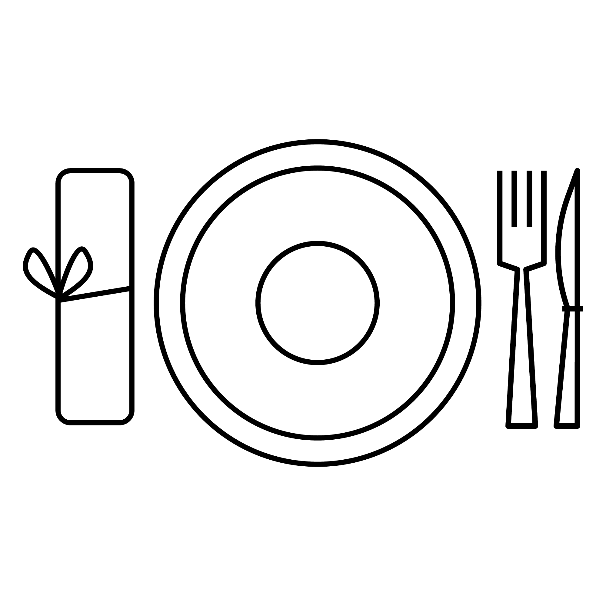 Une illustration d'une assiette avec couverts et une serviette en noir.