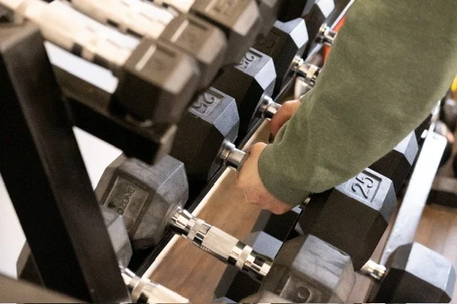Brantford Ontario women's personal trainer's arms holding two dumbbells on a rack in a private gym.