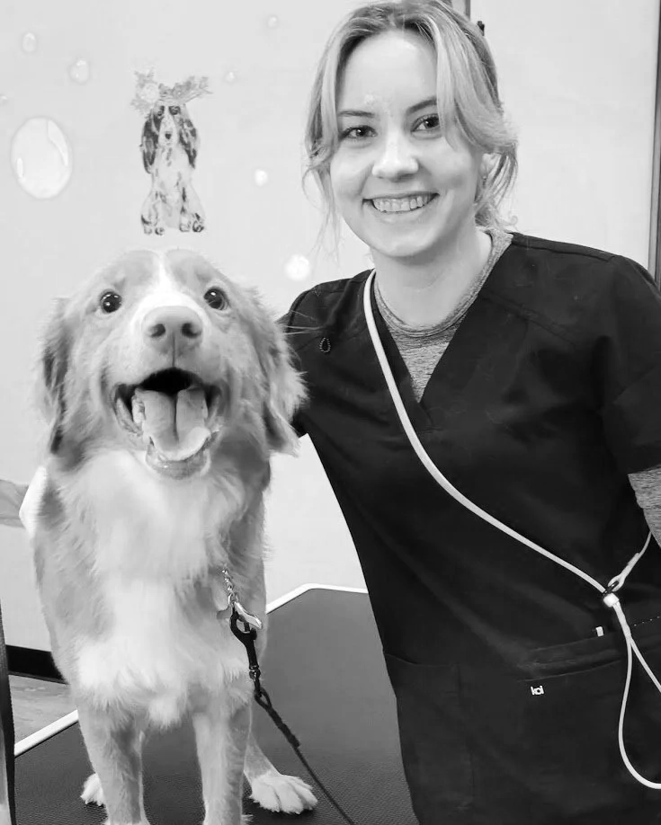 A woman in dog grooming scrubs smiling next to a happy dog on a table, with dog bath decorations on the wall in the background.